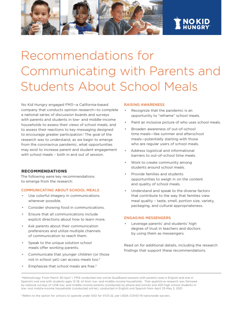 Recommendations for Communicating with Parents and Students About School Meals